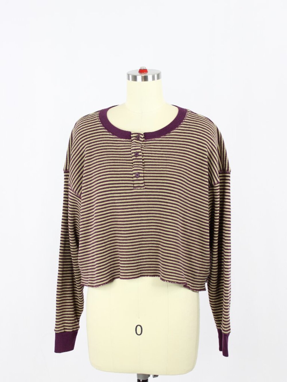 Aritzia TNA Striped Cotton Waffle Thermal Long Sleeve Henley T-Shirt, Size M